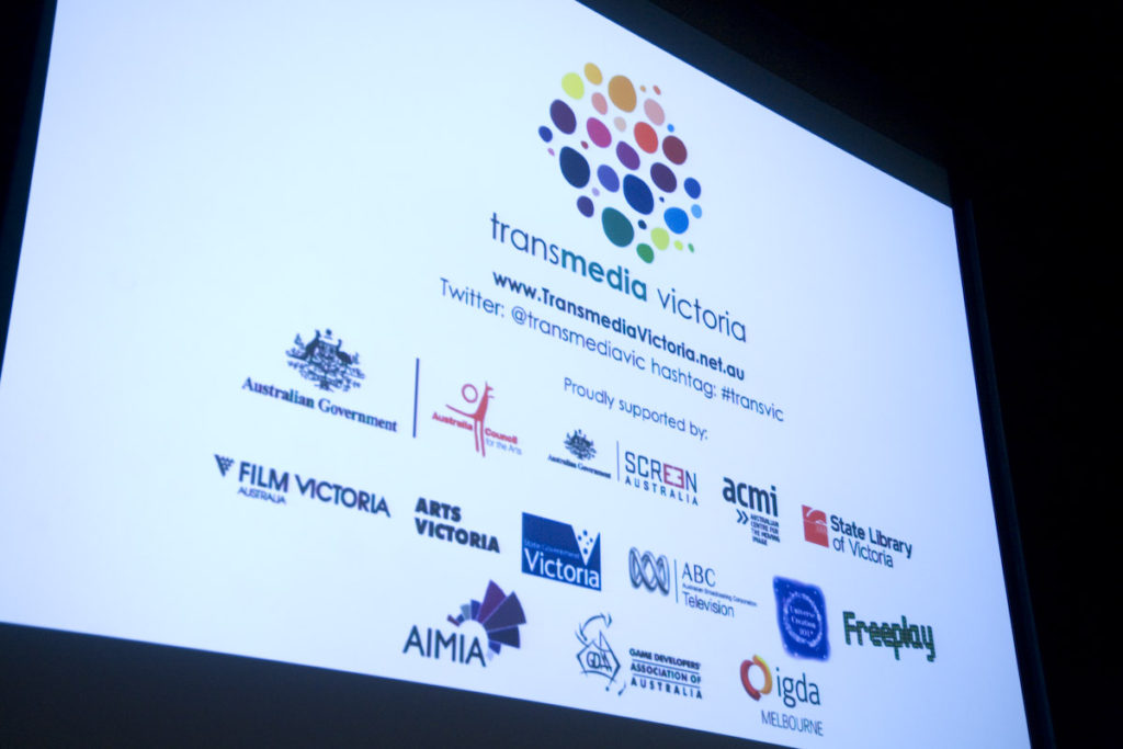 Photo of a slide with the various Transmedia Victoria sponsor logos